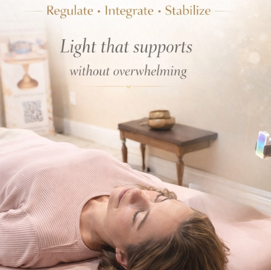 Woman lying down receiving a Neuroakashic Light session — Regulate · Integrate · Stabilize / Light that supports without overwhelming